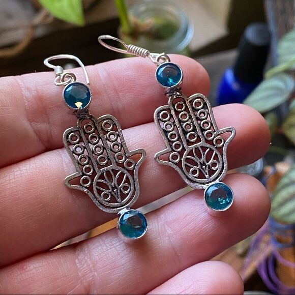 Hamsa Swiss Blue Topaz Sterling Silver Earrings - Picture 2 of 3